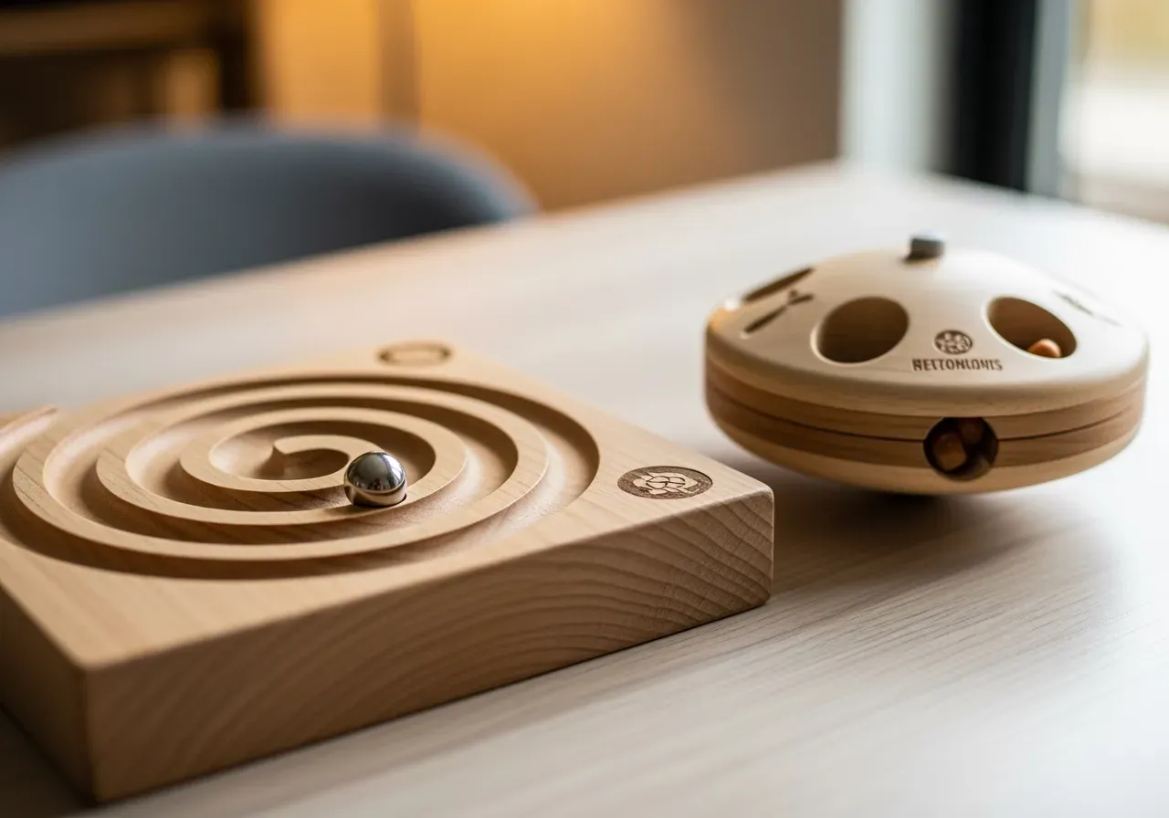 Fokuslek med boll-labyrint och hundsnurra