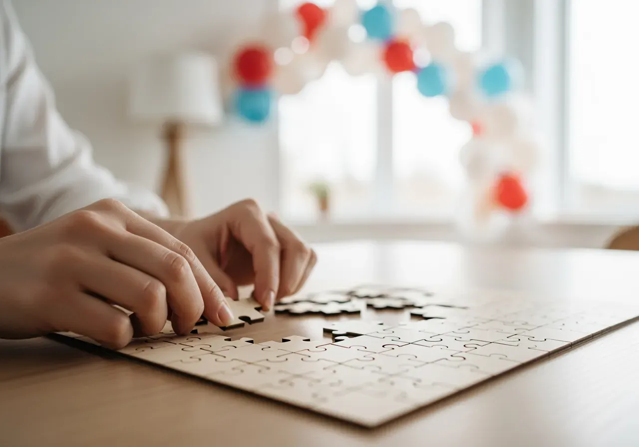 Pussel i trä och ballongbågar