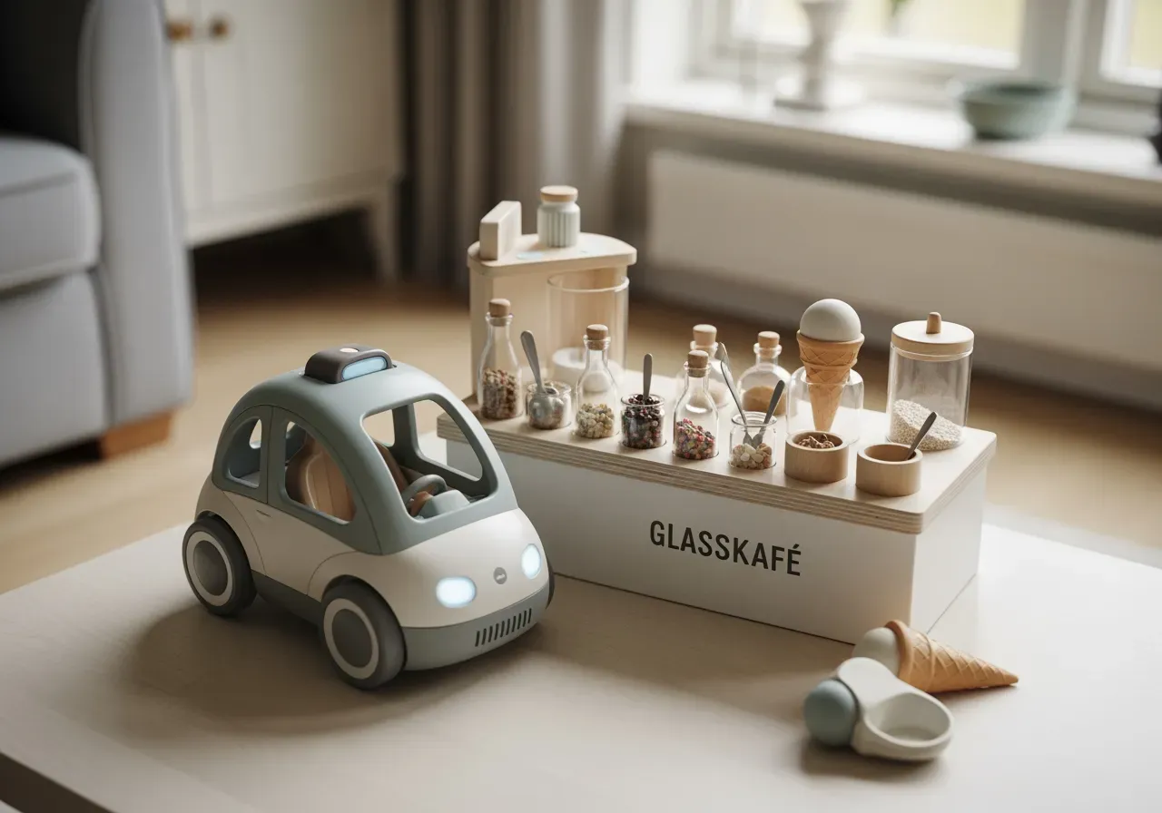 Rolllek med robot bil och glasskafé