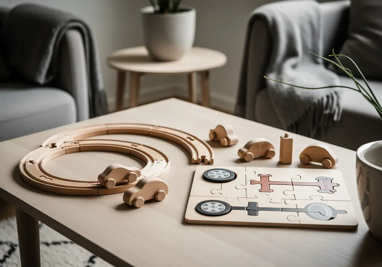 Träbilbanor och bilpussel för barn